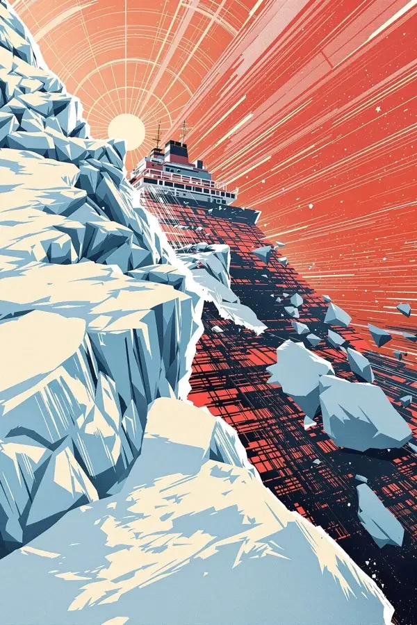 亚洲黄色电影《极地密码》纪录片海报，砖红色调破冰船对角线