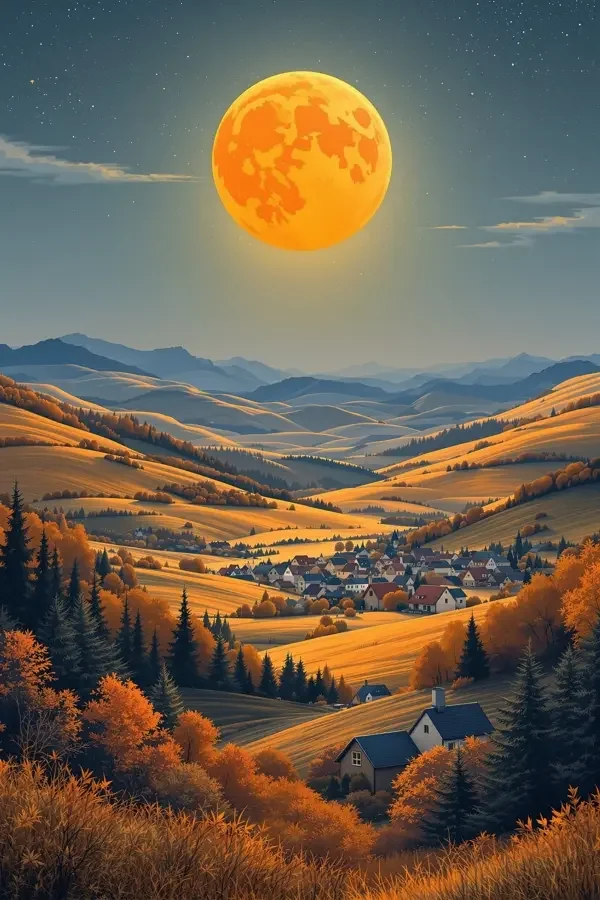 亚洲黄色电影《山月照人》剧照，暖橙色调山村月夜远景