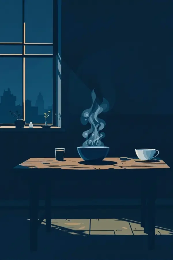 亚洲黄色电影《老宅三餐》剧照，藏蓝色调餐桌留白