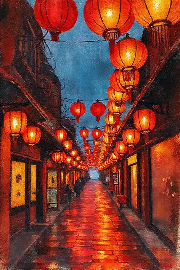 亚洲黄色电影《灯影长街》剧照，绛红色调灯笼长街俯拍