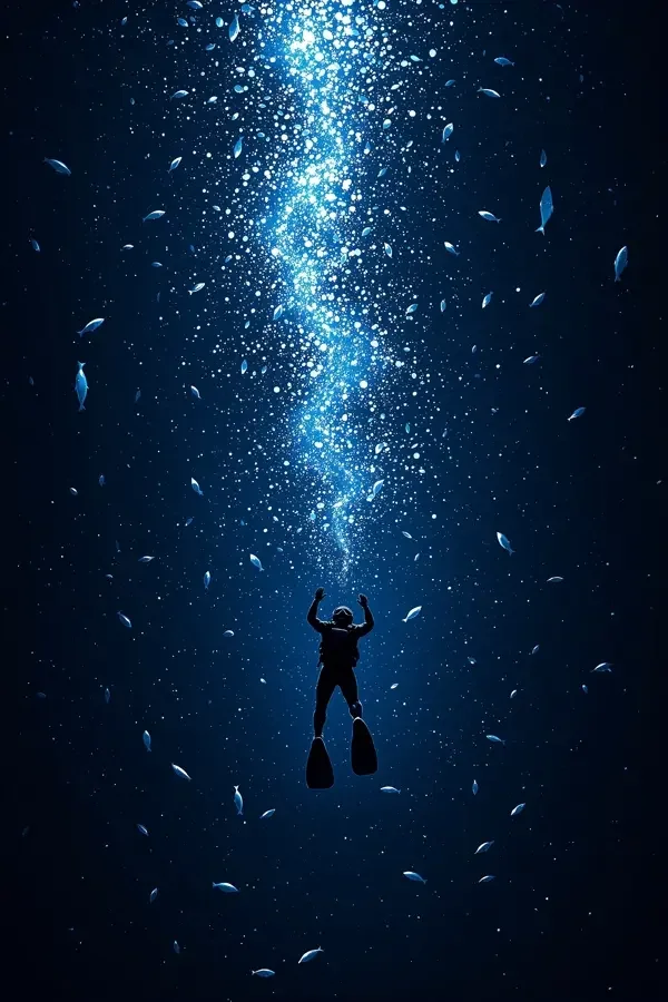 亚洲黄色电影《深海回响》电影海报，藏蓝色调深海俯拍