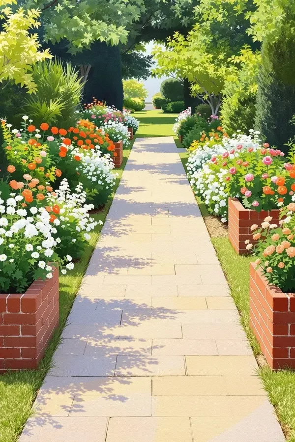 亚洲黄色电影《花园改造家》节目海报，砖红色调花园小径对称
