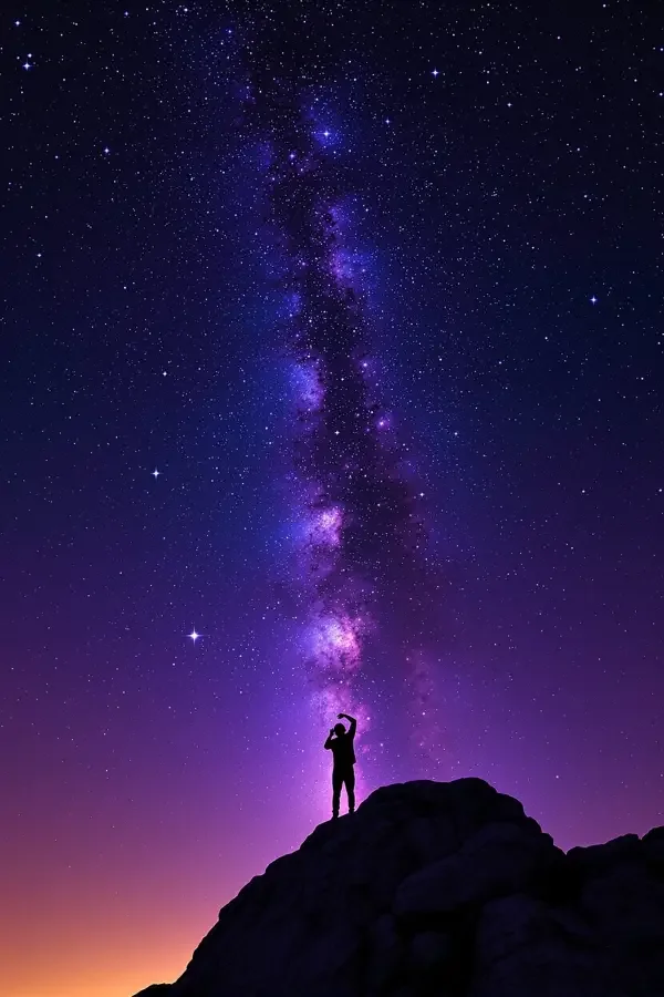亚洲黄色电影《星野之下》纪录片海报，暗紫色调观星者仰拍
