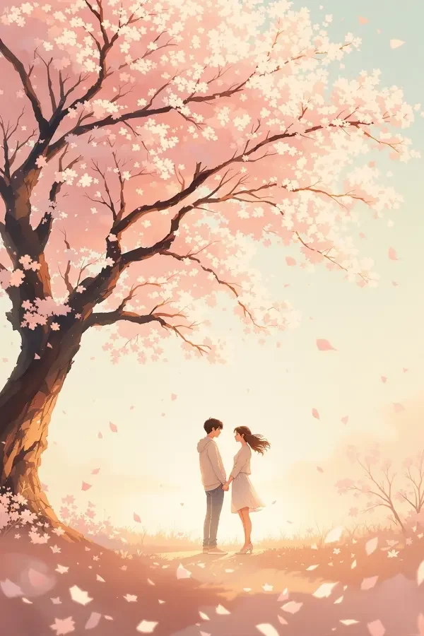亚洲黄色电影《春日迟来》剧照，绛红色调樱花道对称构图